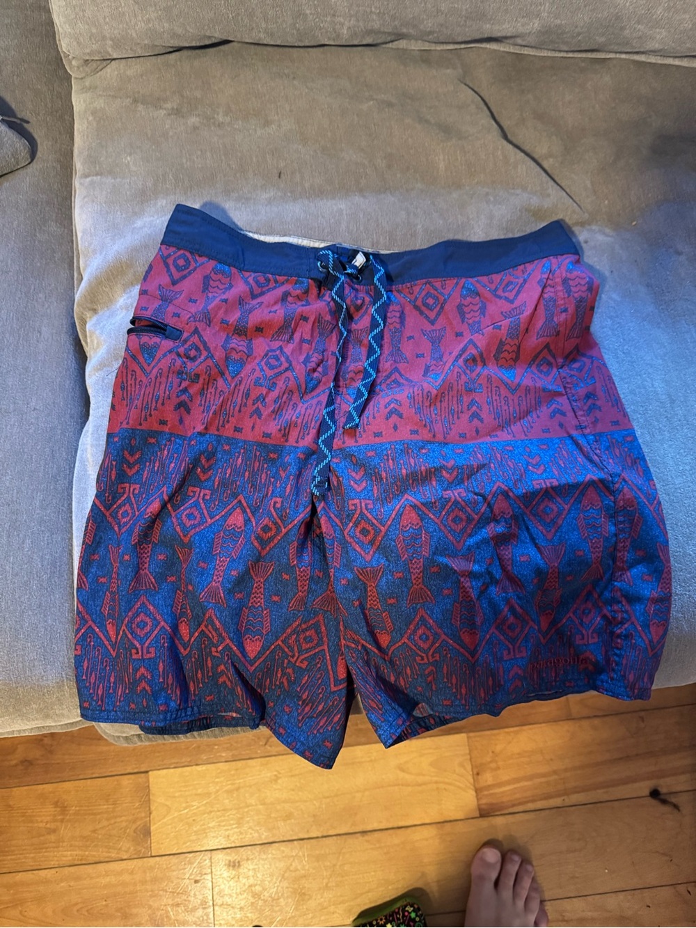 Patagonia Red Patterned Shorts with Tan Waistband and Blue Accents